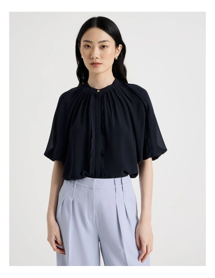 Short Sleeve Ruffle Detailed Blouse in Navy image 4