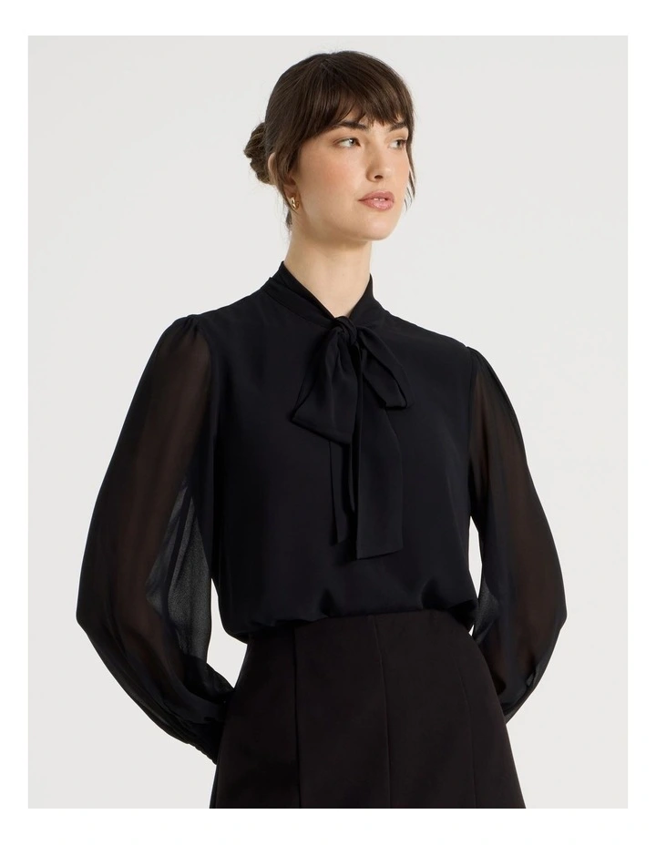 Georgette Tie Long Sleeve Blouse in Black image 1
