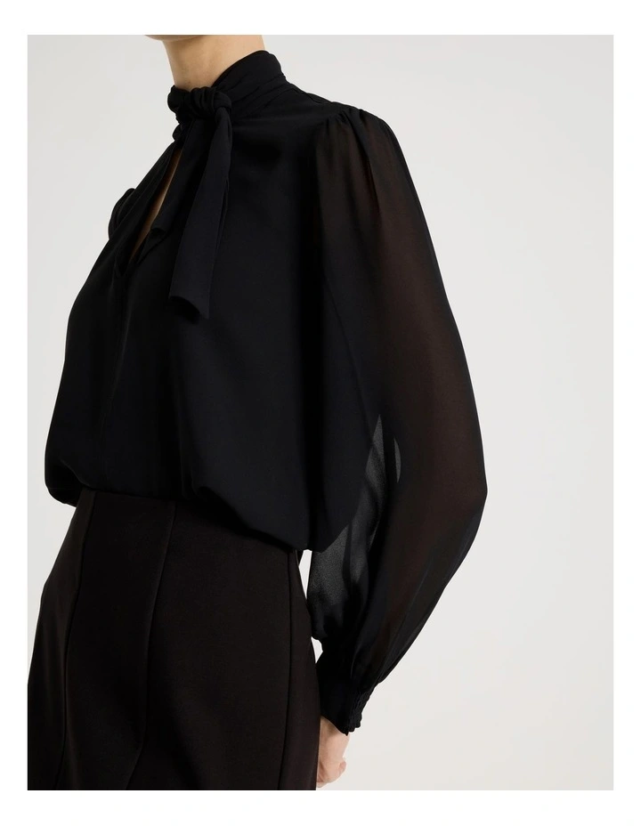 Georgette Tie Long Sleeve Blouse in Black image 3
