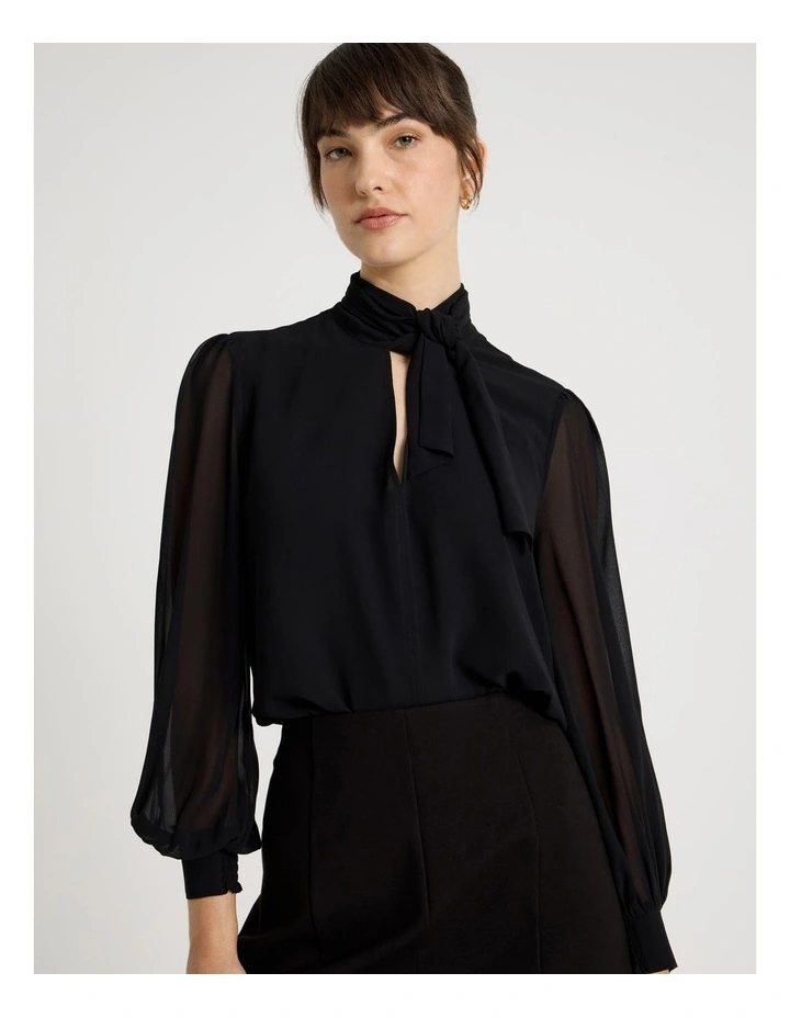 Georgette Tie Long Sleeve Blouse in Black image 4