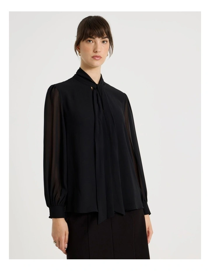 Georgette Tie Long Sleeve Blouse in Black image 5