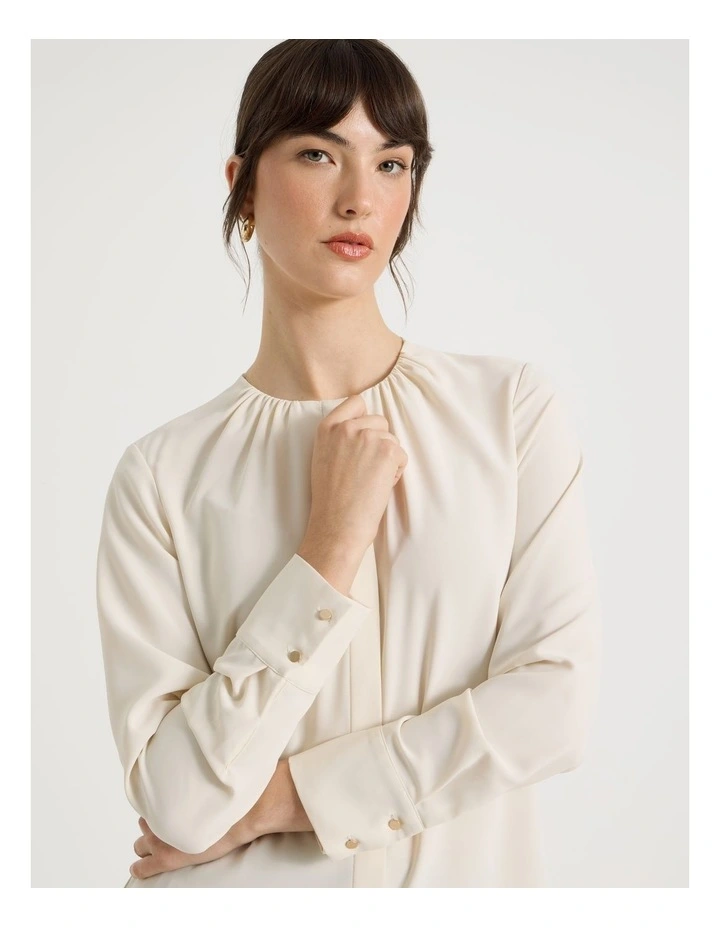 Long Sleeve Pleated Crew Blouse in Coconut image 2
