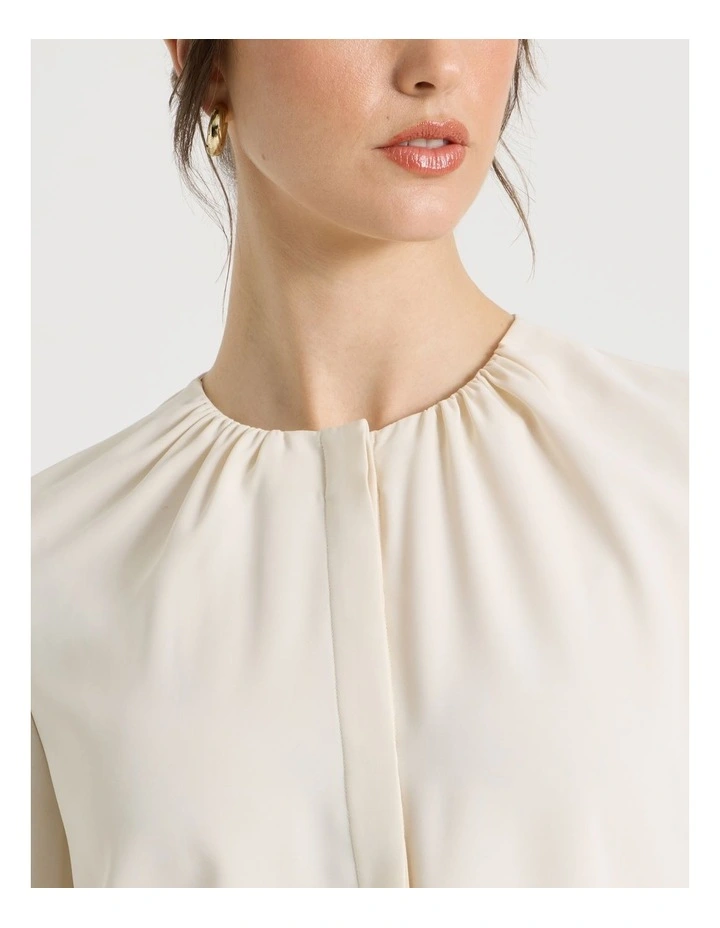 Long Sleeve Pleated Crew Blouse in Coconut image 6