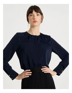 Long Sleeve Pleated Crew Blouse in Navy