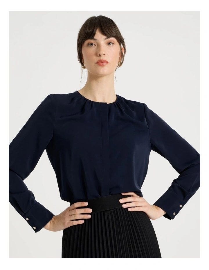 Long Sleeve Pleated Crew Blouse in Navy image 1