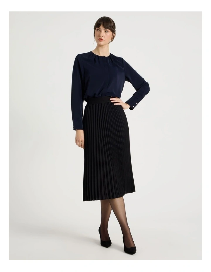 Long Sleeve Pleated Crew Blouse in Navy image 2