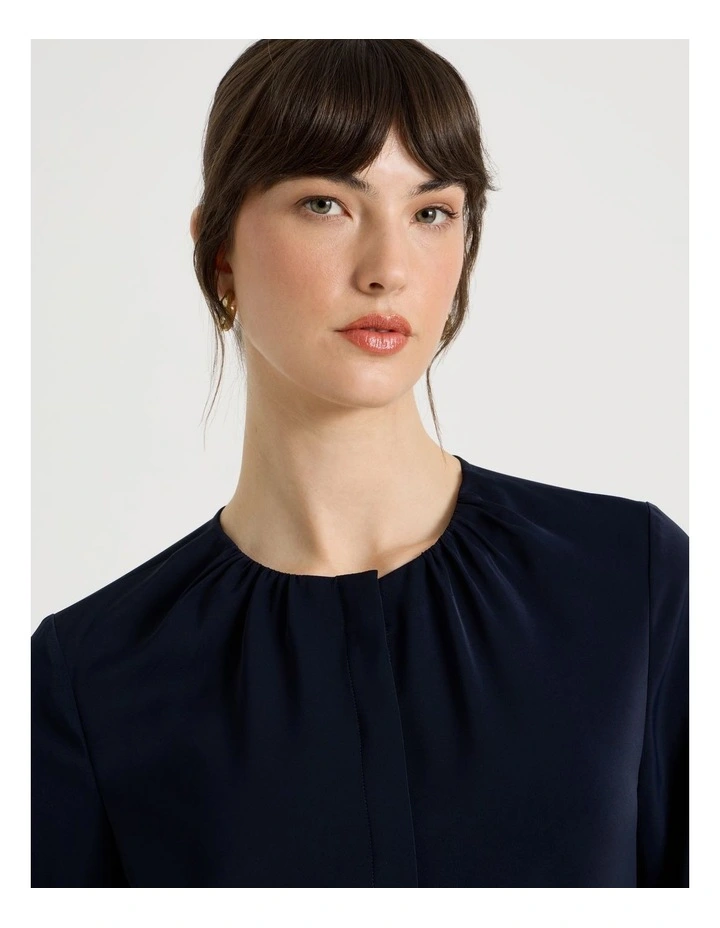 Long Sleeve Pleated Crew Blouse in Navy image 3