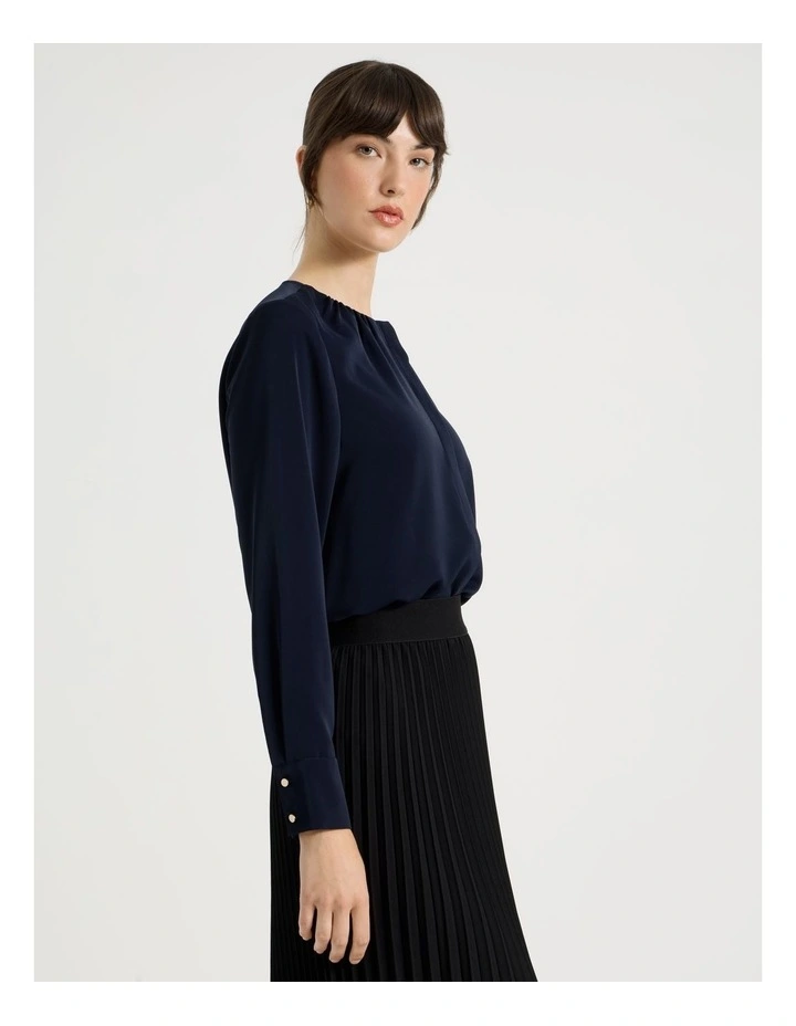 Long Sleeve Pleated Crew Blouse in Navy image 4