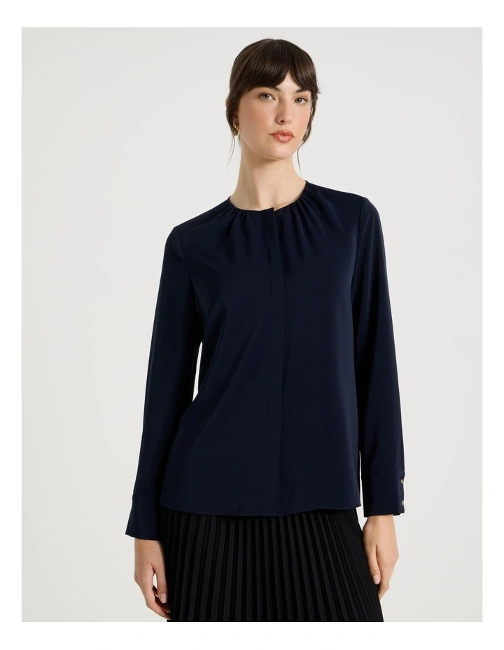 Long Sleeve Pleated Crew Blouse in Navy image 5