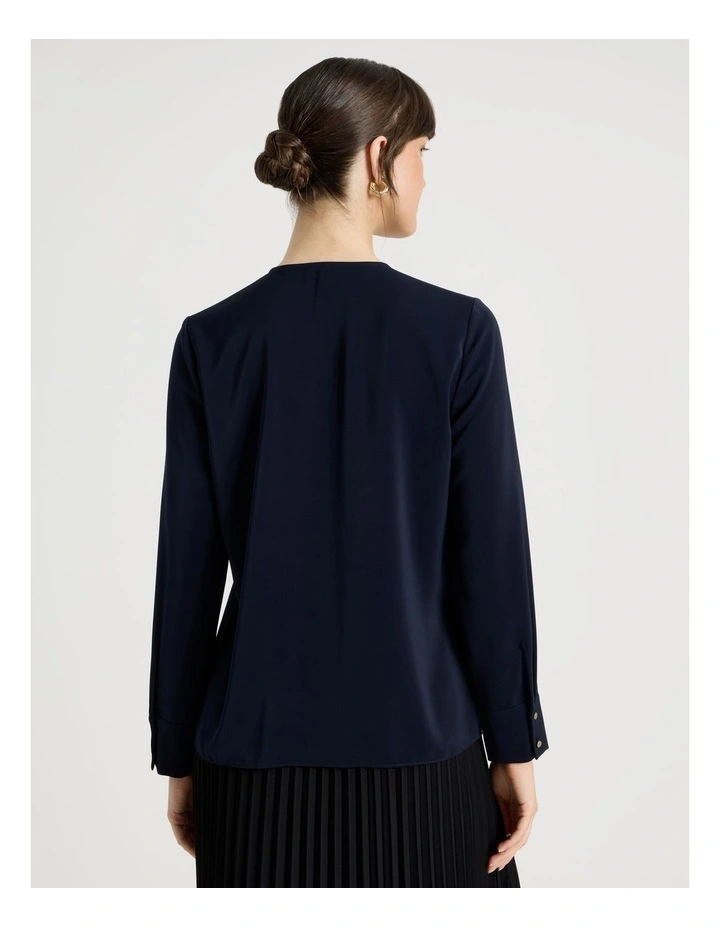 Long Sleeve Pleated Crew Blouse in Navy image 6