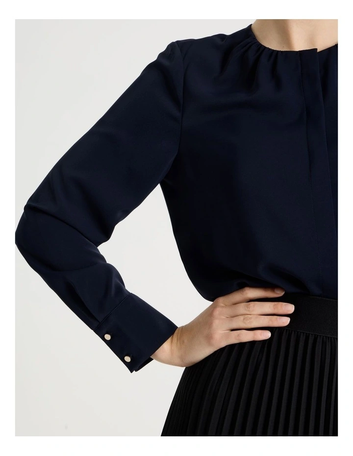 Long Sleeve Pleated Crew Blouse in Navy image 7