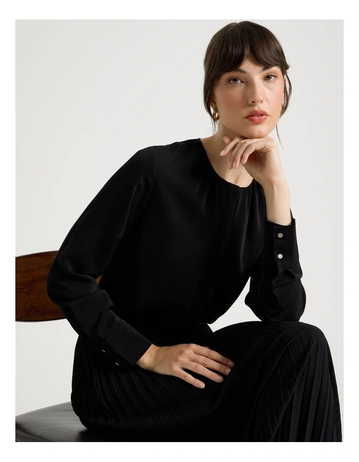 Long Sleeve Pleated Crew Blouse in Black image 1