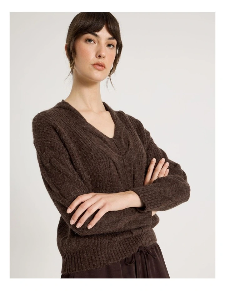Cable V Neck in Dark Brown image 2