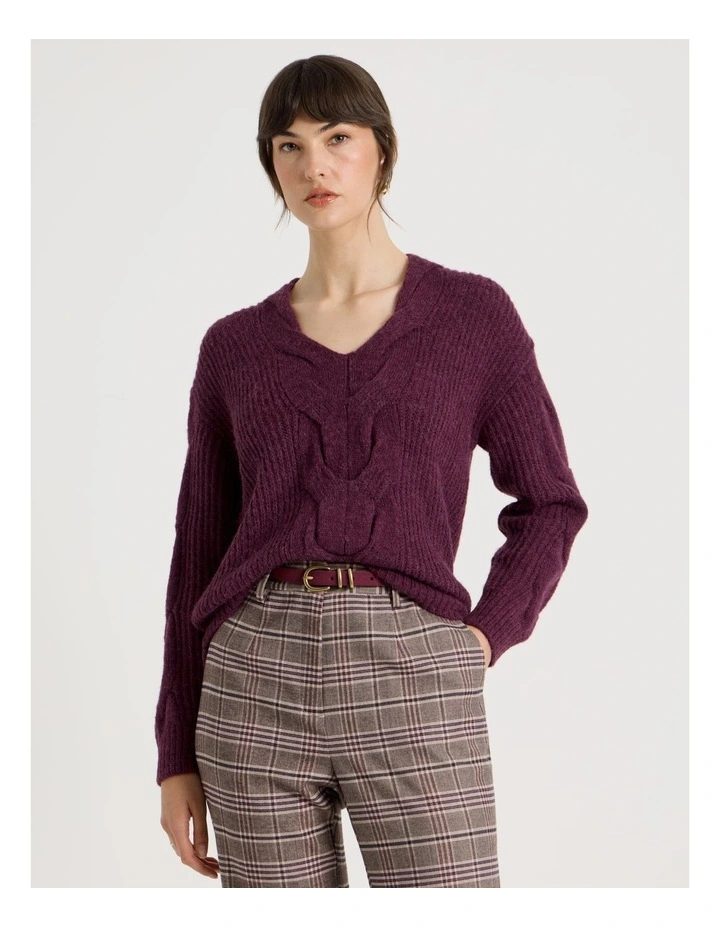 Cable V Neck in Aubergine image 1