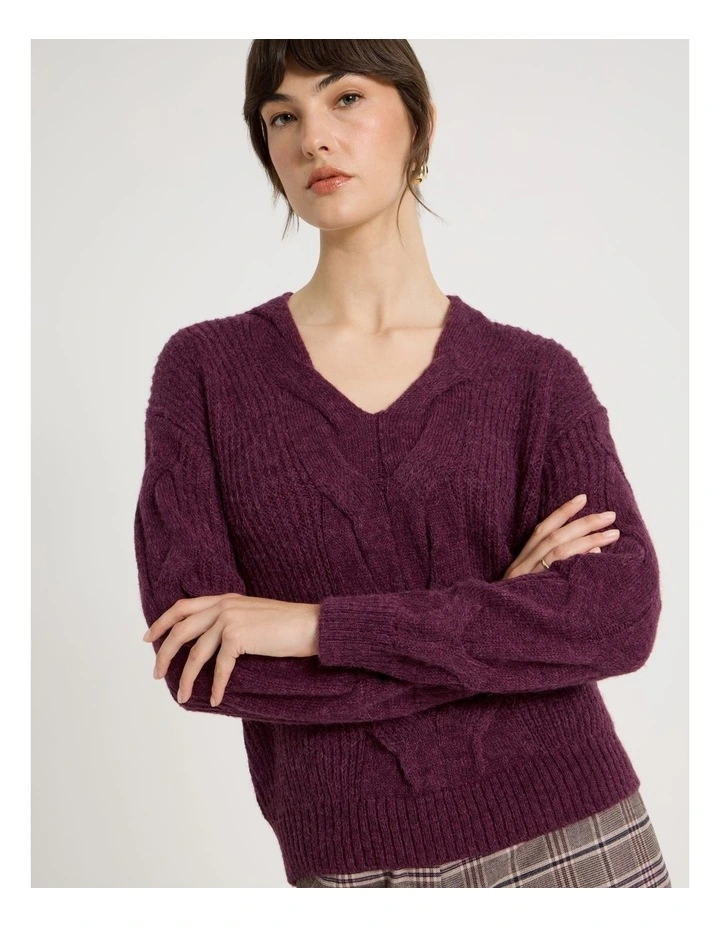 Cable V Neck in Aubergine image 3