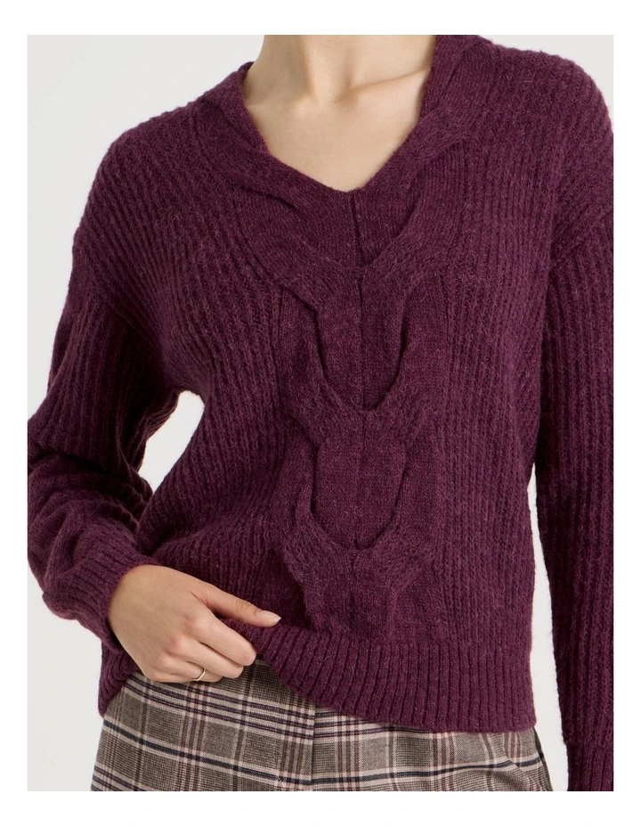 Cable V Neck in Aubergine image 4