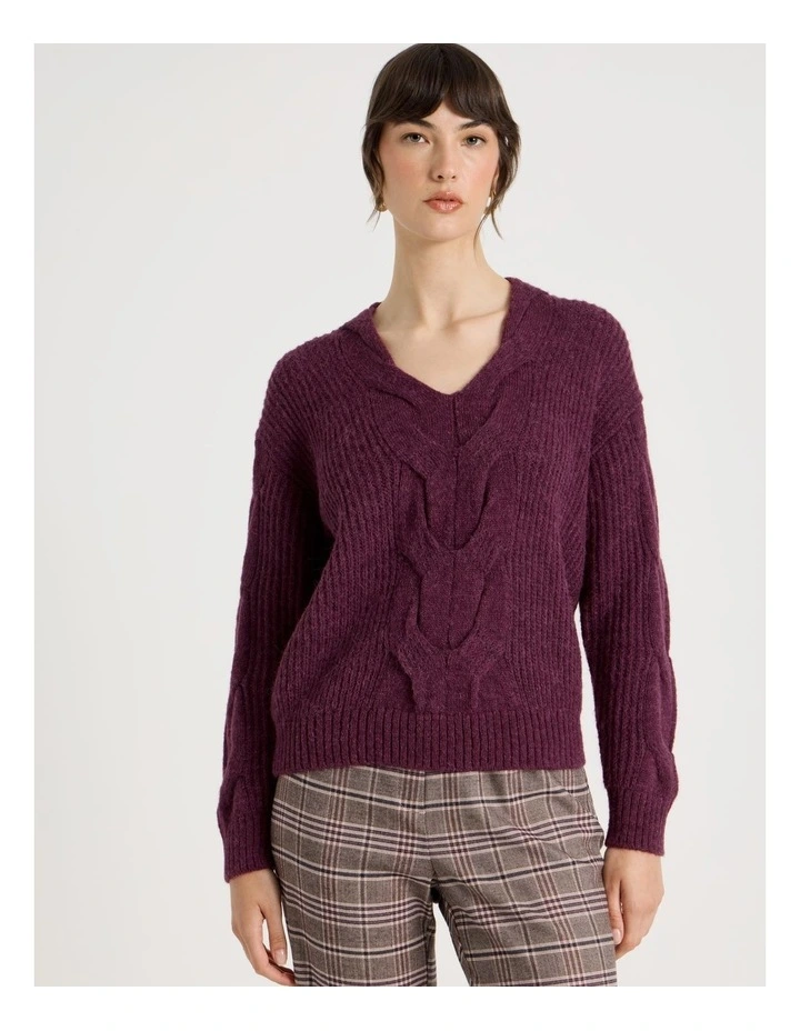 Cable V Neck in Aubergine image 5