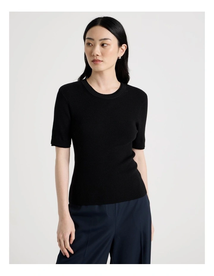 Short Sleeve Double Layer Knit Tee in Black image 2