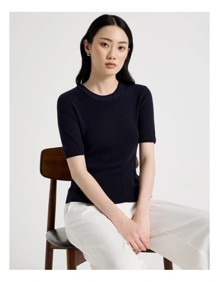Short Sleeve Double Layer Knit Tee in Navy image 1