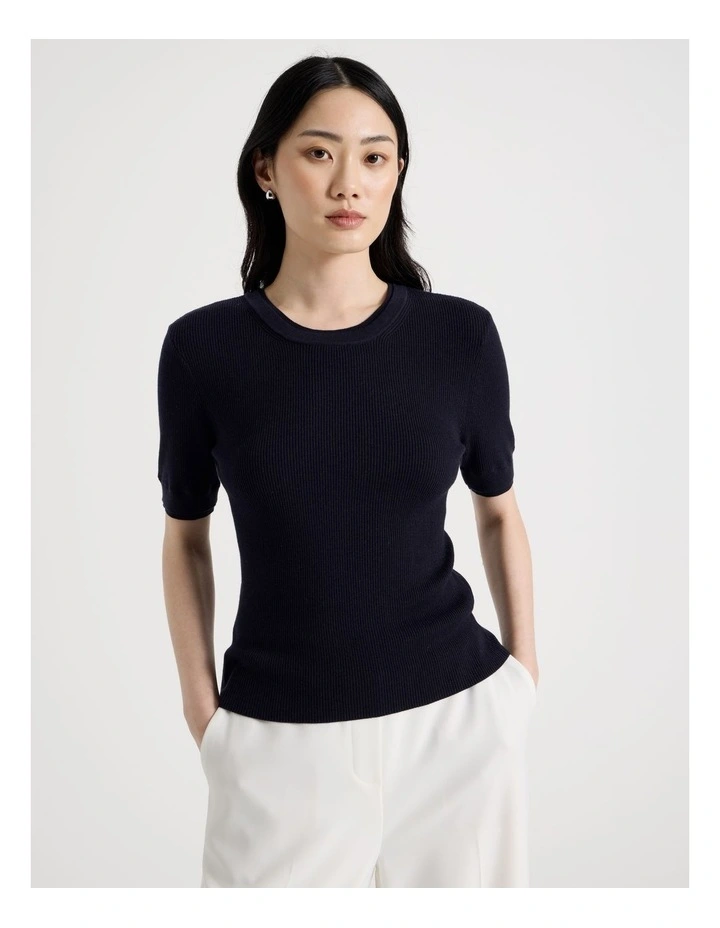 Short Sleeve Double Layer Knit Tee in Navy image 3