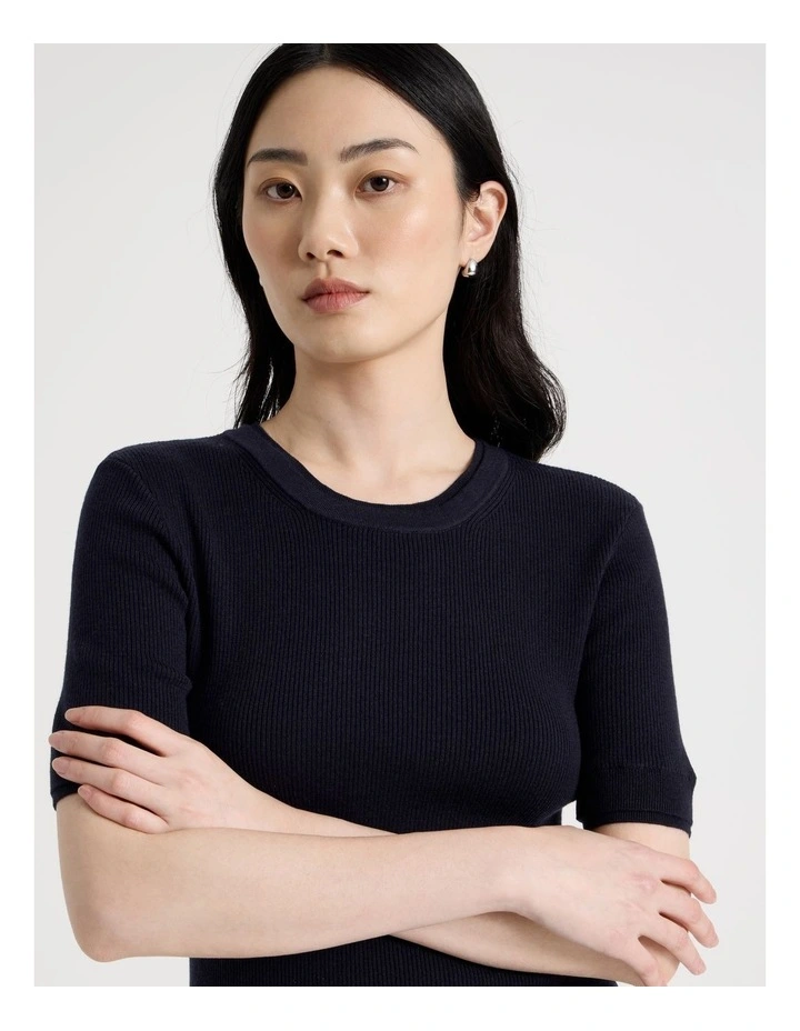 Short Sleeve Double Layer Knit Tee in Navy image 4