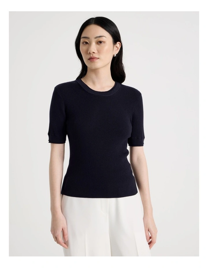 Short Sleeve Double Layer Knit Tee in Navy image 5