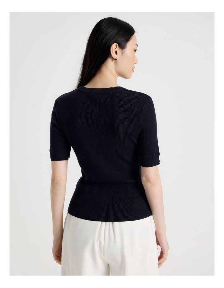 Short Sleeve Double Layer Knit Tee in Navy image 6