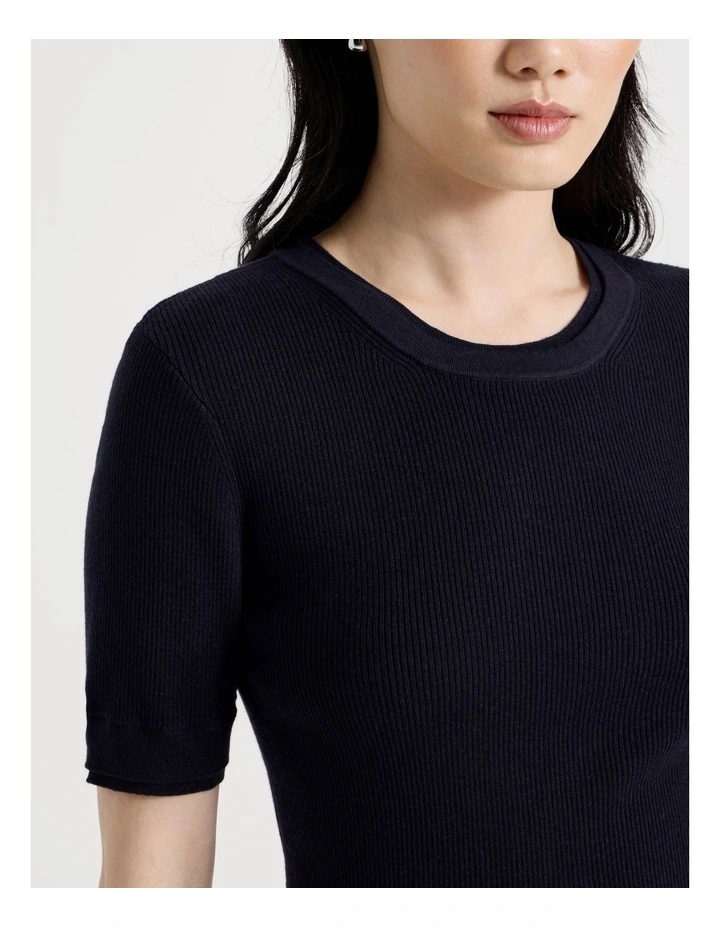 Short Sleeve Double Layer Knit Tee in Navy image 7