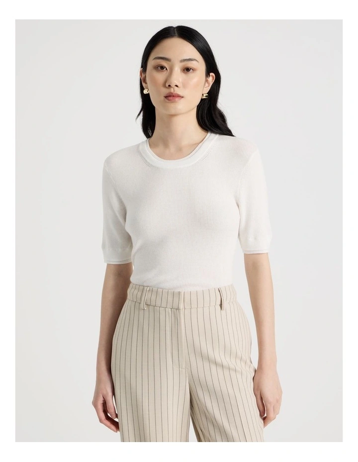 Short Sleeve Double Layer Knit Tee in White image 2