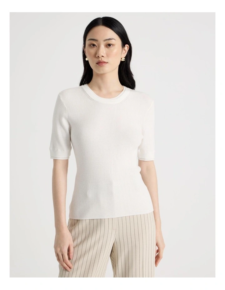 Short Sleeve Double Layer Knit Tee in White image 5