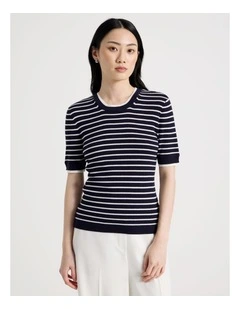 Short Sleeve Double Layer Knit Tee in Navy and White Stripe