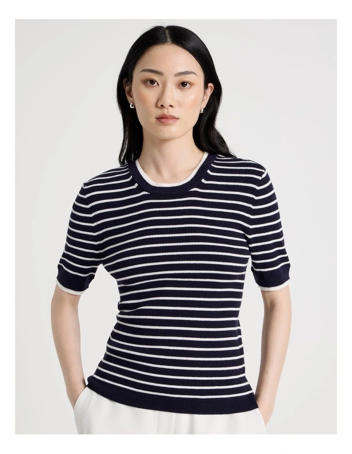 Short Sleeve Double Layer Knit Tee in Black and White Stripe image 3