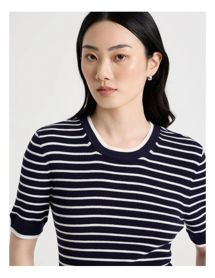 Short Sleeve Double Layer Knit Tee in Black and White Stripe image 4