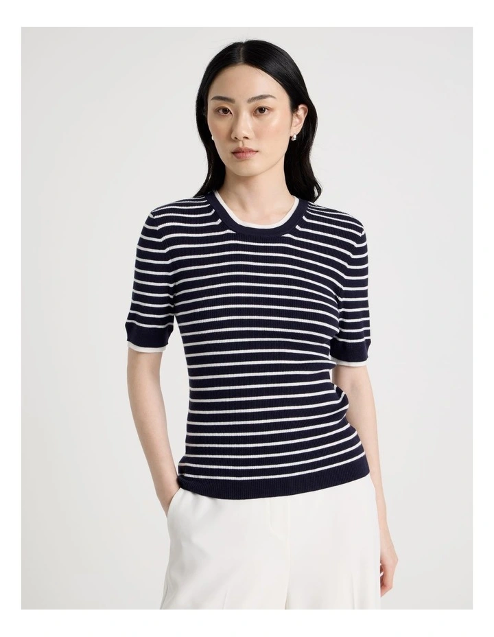 Short Sleeve Double Layer Knit Tee in Black and White Stripe image 5