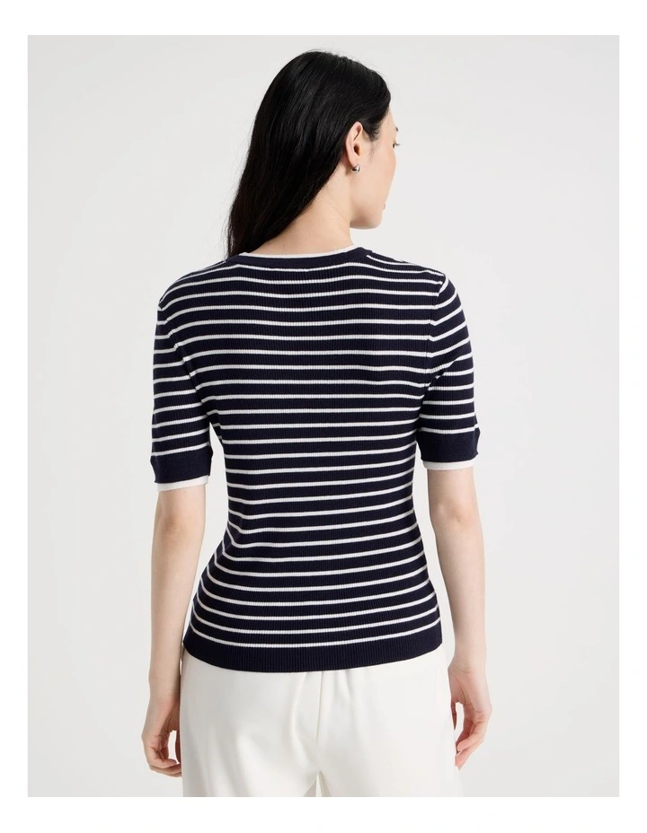 Short Sleeve Double Layer Knit Tee in Black and White Stripe image 6