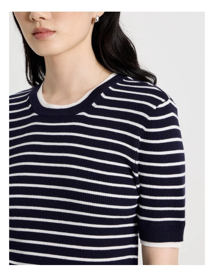 Short Sleeve Double Layer Knit Tee in Black and White Stripe image 7