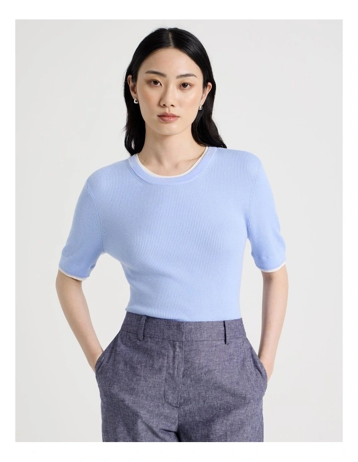 Short Sleeve Double Layer Knit Tee in Light Blue image 1