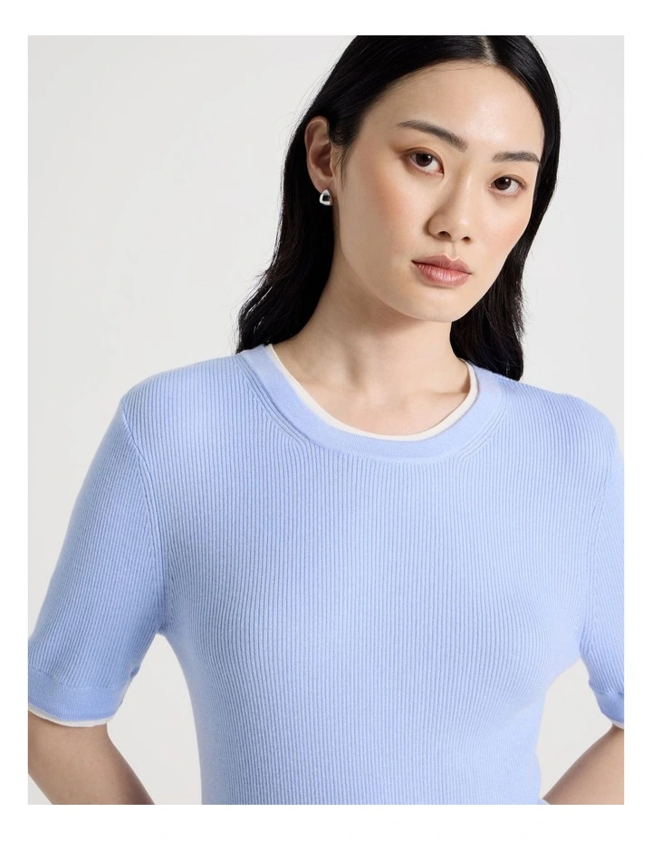 Short Sleeve Double Layer Knit Tee in Light Blue image 2