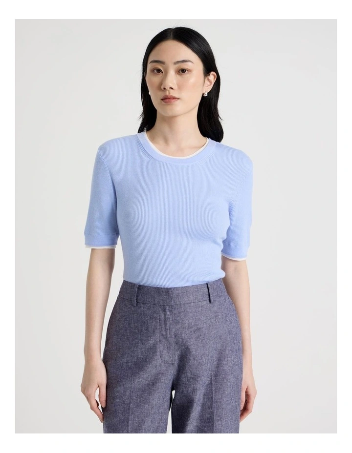 Short Sleeve Double Layer Knit Tee in Light Blue image 3