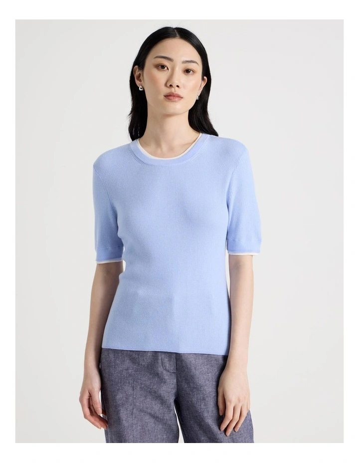 Short Sleeve Double Layer Knit Tee in Light Blue image 5