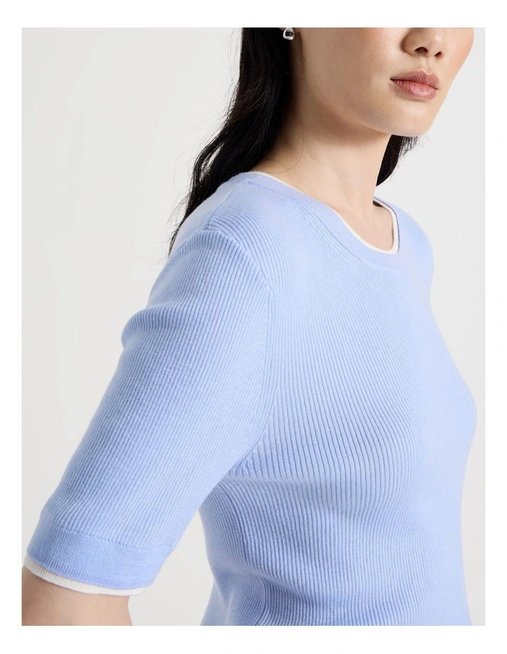 Short Sleeve Double Layer Knit Tee in Light Blue image 7