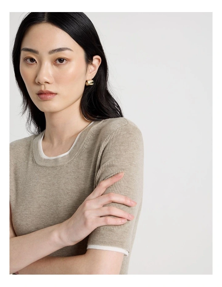 Short Sleeve Double Layer Knit Tee in Oatmeal image 2