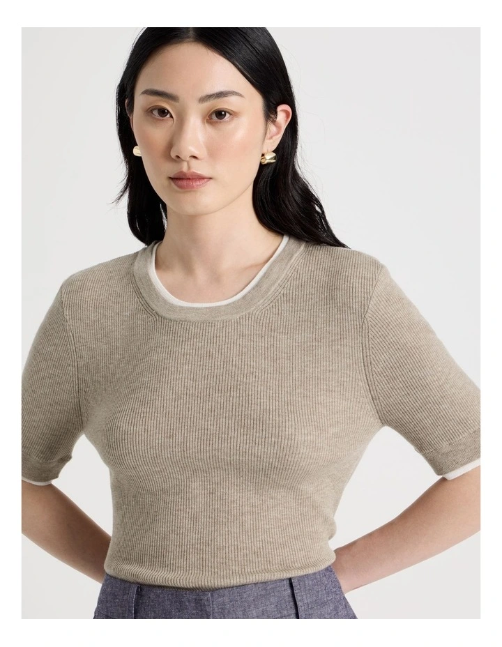 Short Sleeve Double Layer Knit Tee in Oatmeal image 4