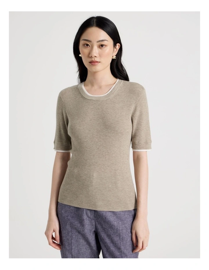 Short Sleeve Double Layer Knit Tee in Oatmeal image 5