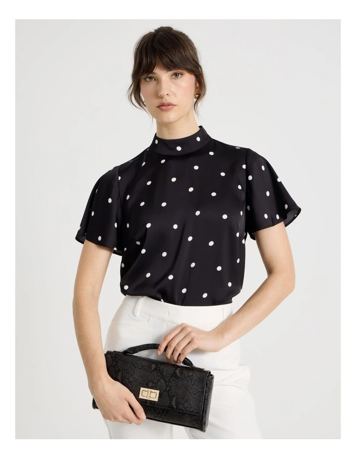 Short Sleeve High Neck Satin Top in Black and White Polka Dot image 1