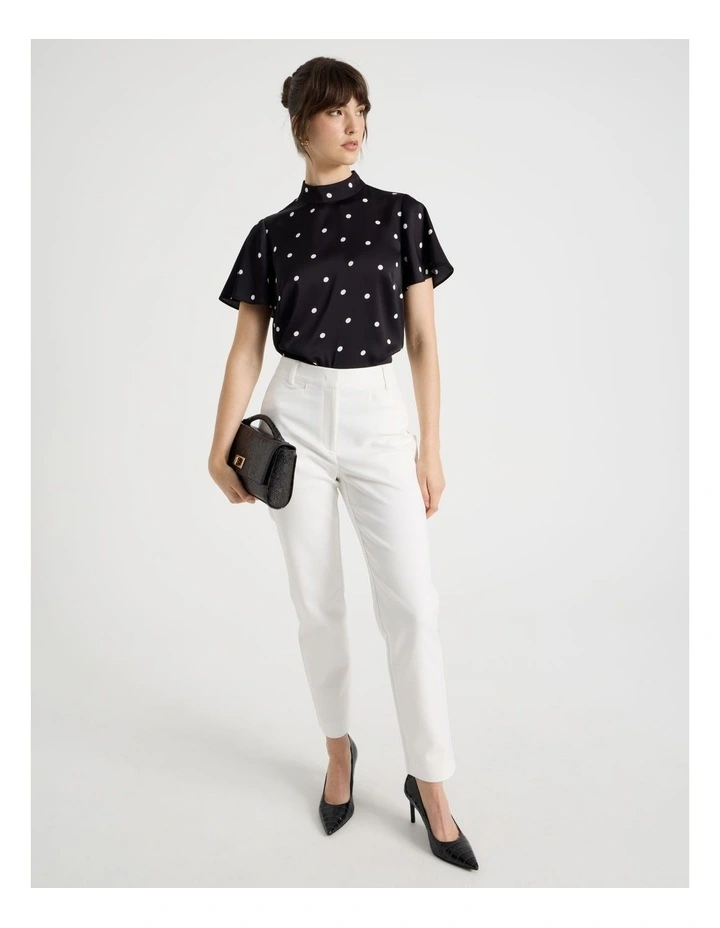 Short Sleeve High Neck Satin Top in Black and White Polka Dot image 2