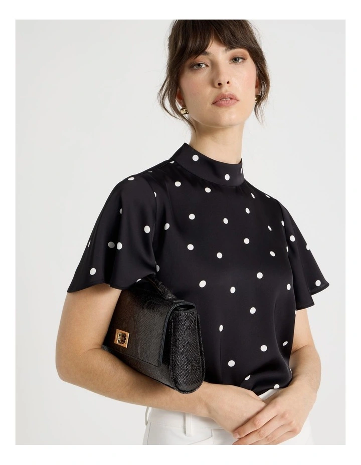 Short Sleeve High Neck Satin Top in Black and White Polka Dot image 3