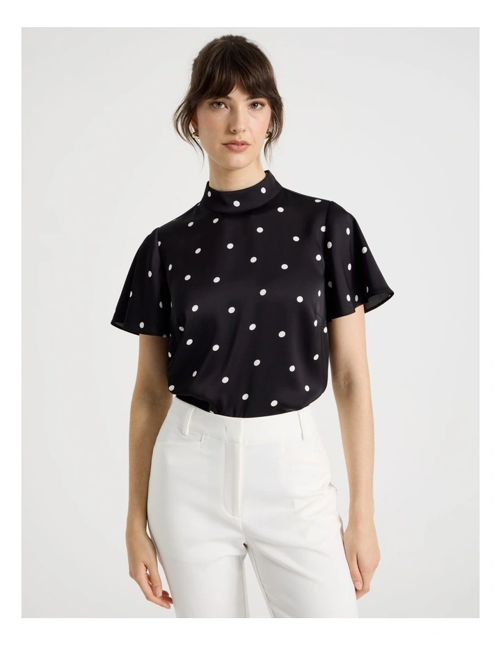 Short Sleeve High Neck Satin Top in Black and White Polka Dot image 4