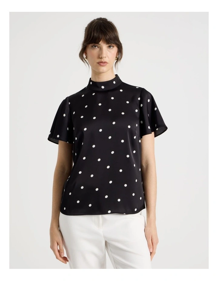Short Sleeve High Neck Satin Top in Black and White Polka Dot image 5