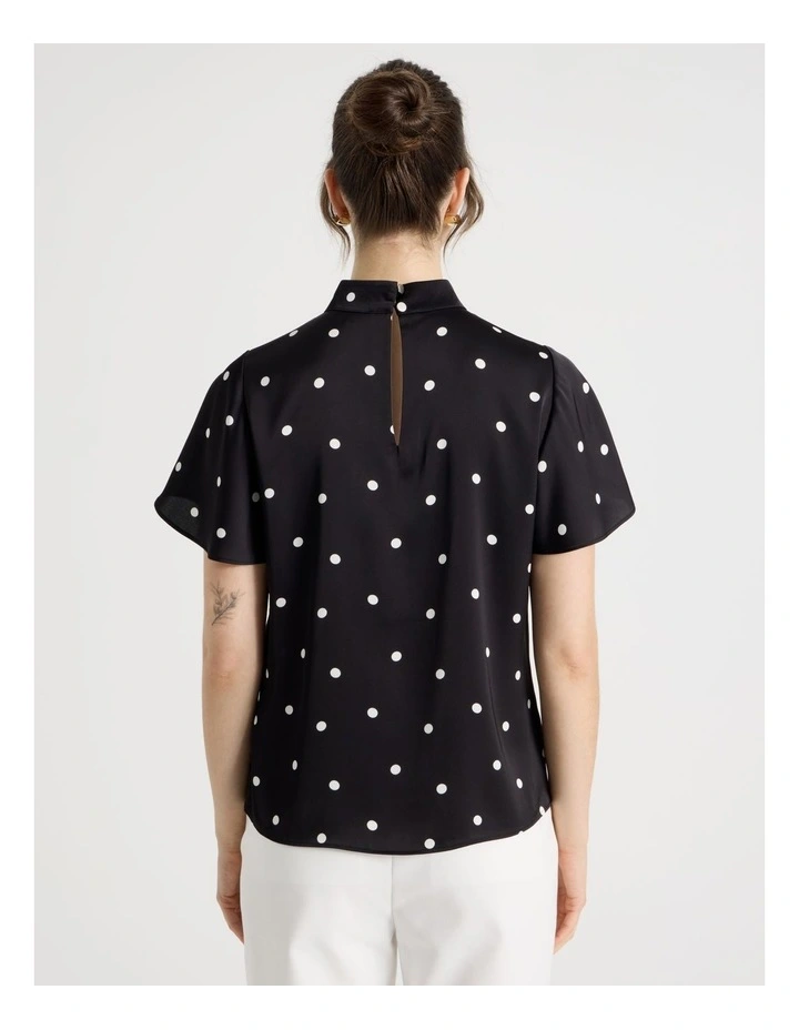 Short Sleeve High Neck Satin Top in Black and White Polka Dot image 6